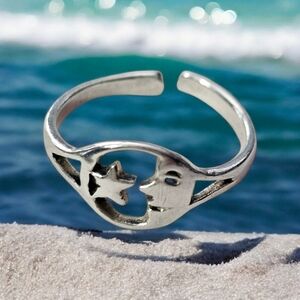 Moon and Star Toe Ring, adjustable .925 Sterling Silver
